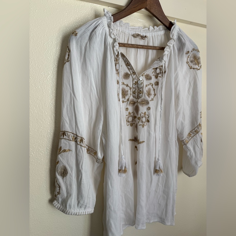 Soft Surroundings Embroidered Peasant Blouse White Gold | petite large - Picture 7 of 14